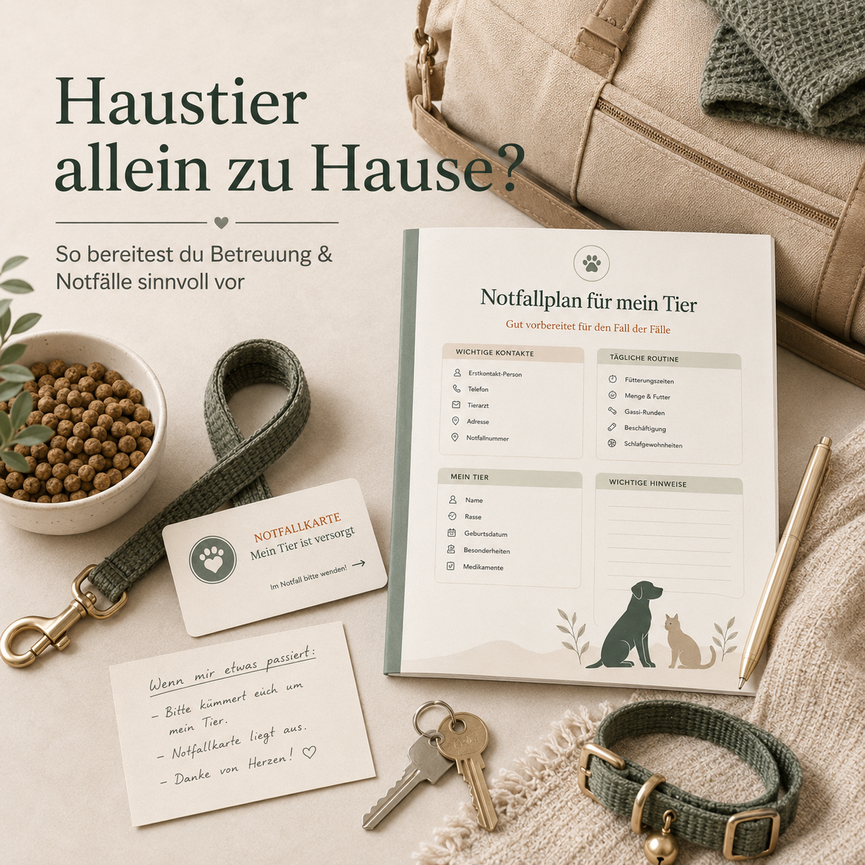 Haustier-Notfallplan mit Betreuungspass, Notfallkarte, Futternapf, Leine und Schlüssel für die Versorgung bei Abwesenheit