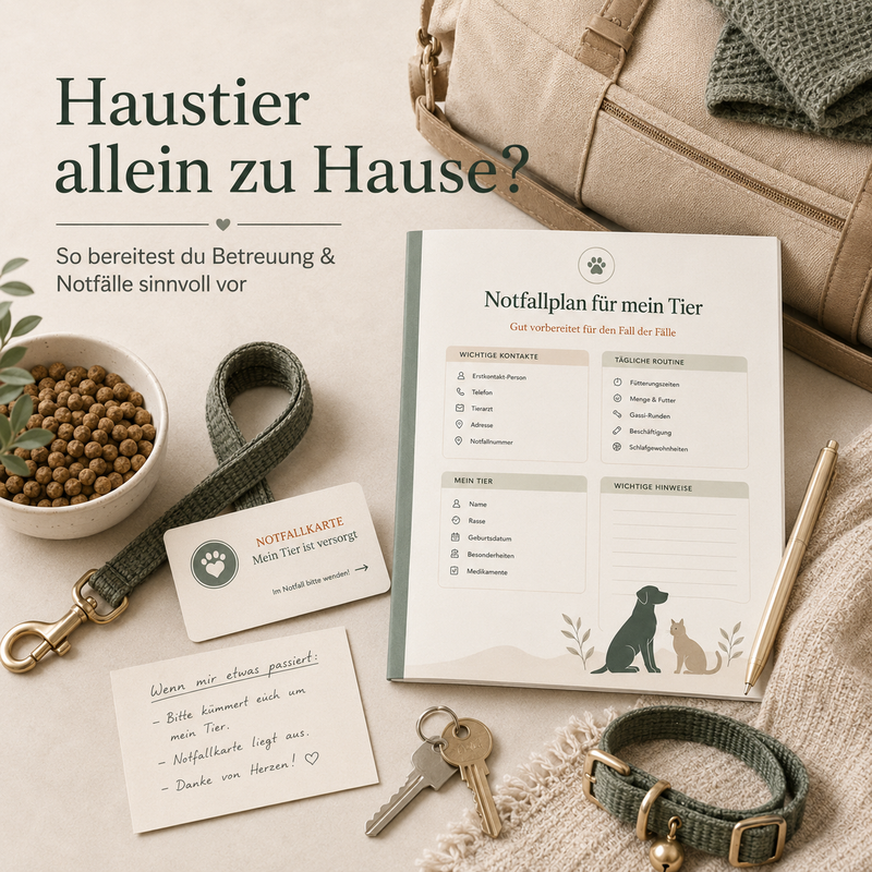 Haustier-Notfallplan mit Betreuungspass, Notfallkarte, Futternapf, Leine und Schlüssel für die Versorgung bei Abwesenheit