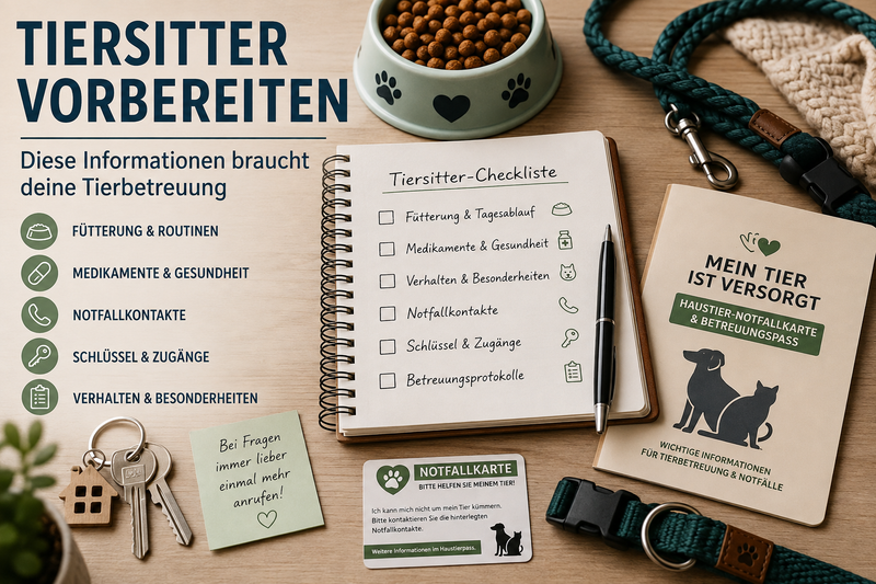 Vorbereitete Tierbetreuung mit Haustierpass, Tiersitter-Checkliste, Futternapf, Leine, Medikamentenhinweisen und Wohnungsschlüssel