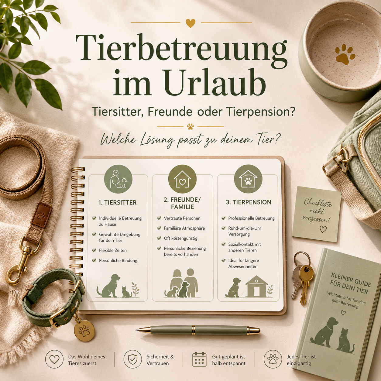 Vergleich verschiedener Möglichkeiten zur Tierbetreuung im Urlaub mit Tiersitter, Freunden, Tierpension und vorbereitetem Betreuungspass