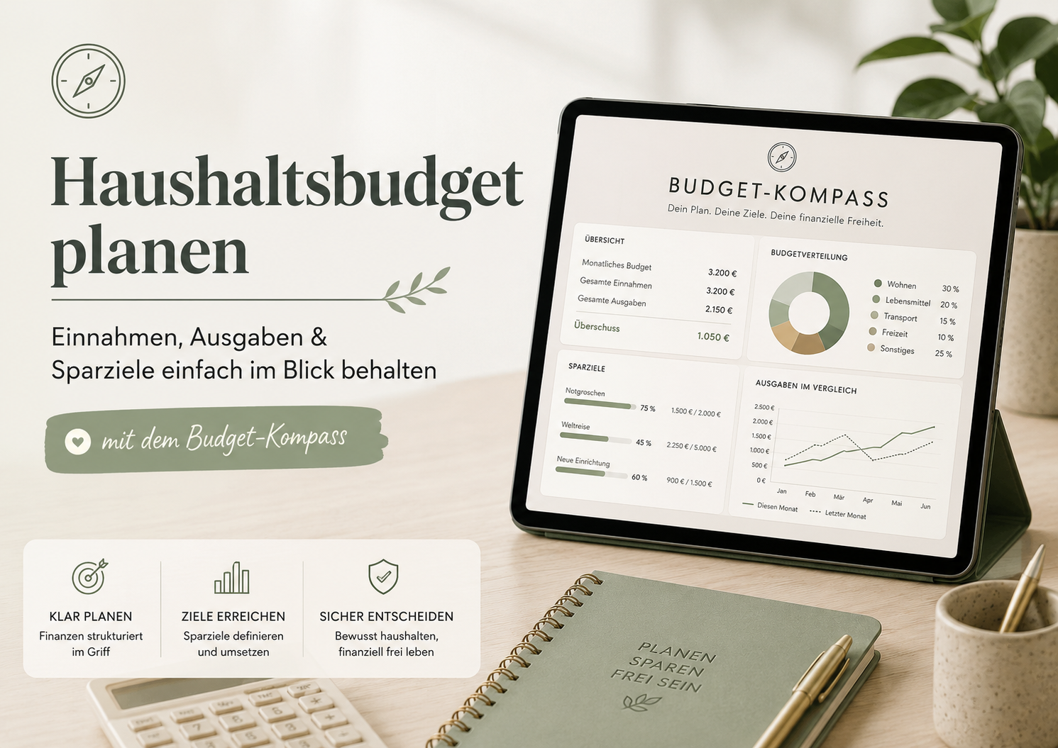 Geöffneter Haushaltsbudget-Planer mit Einnahmen, Fixkosten, Jahreskosten, variablen Ausgaben, Wochenbudget, Rücklagen und Monatsübersicht