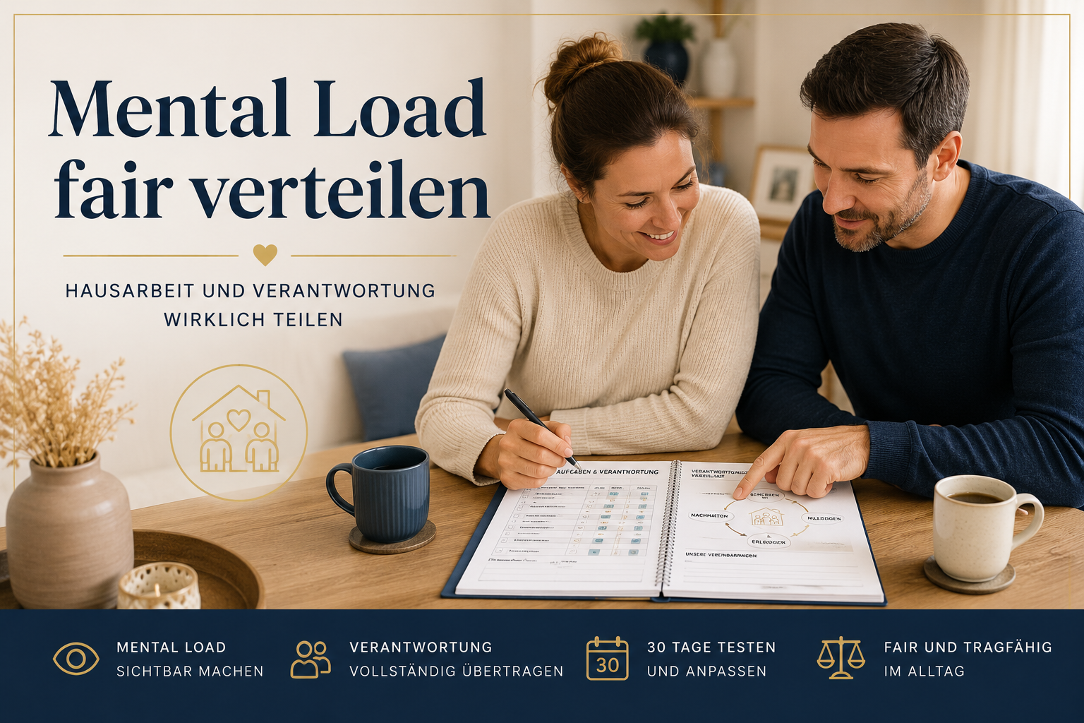 Paar plant gemeinsam Haushaltsaufgaben und verteilt Mental Load und Verantwortung