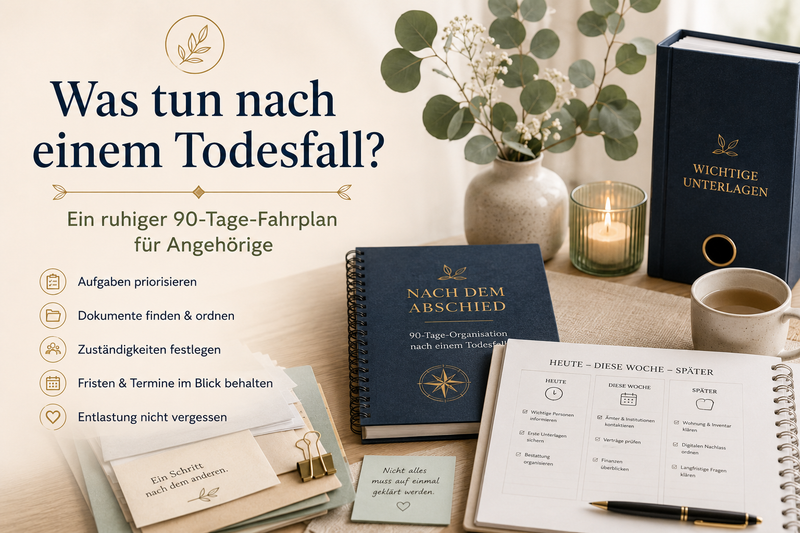 Geordnete Unterlagen und 90-Tage-Plan für organisatorische Aufgaben nach einem Todesfall