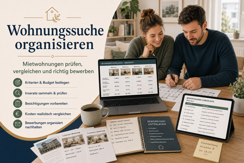 Wohnungssuche mit Inseraten, Besichtigungscheckliste, Kostenvergleich und Bewerbungsunterlagen organisieren