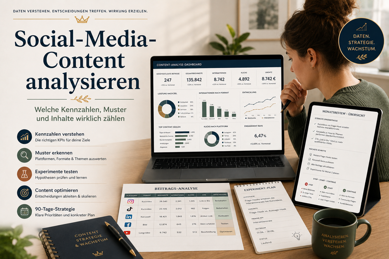 Social-Media-Content mit Dashboard, Kennzahlen, Formaten, Hooks und Monatsreview analysieren