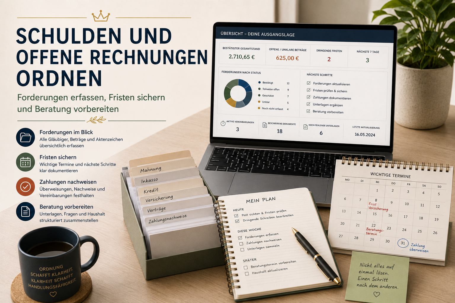 Offene Rechnungen, Forderungen, Fristen und Unterlagen für eine Schuldnerberatung übersichtlich ordnen
