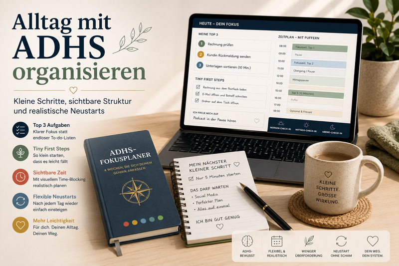 ADHS-Alltag mit Top-3-Aufgaben, kleinen Startschritten, Time-Blocking und flexibler Tagesplanung organisieren