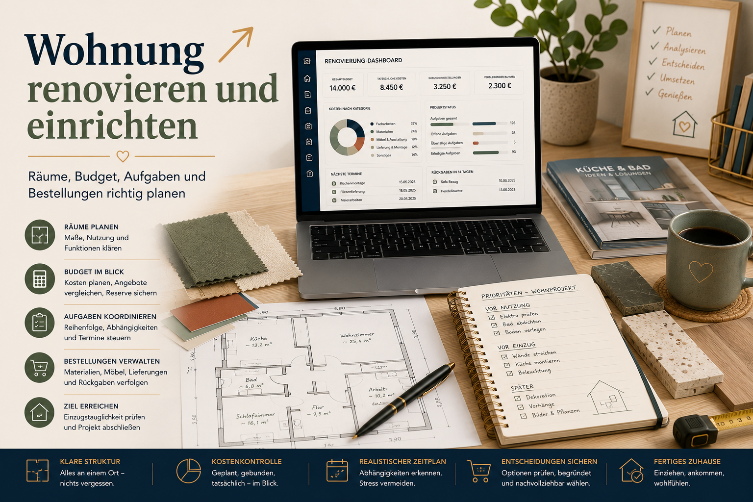 Wohnungsrenovierung mit Raumplanung, Budget, Materialien, Aufgaben und Bestellungen übersichtlich organisieren