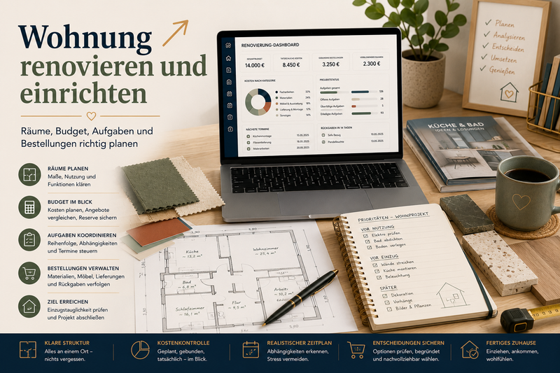 Wohnungsrenovierung mit Raumplanung, Budget, Materialien, Aufgaben und Bestellungen übersichtlich organisieren