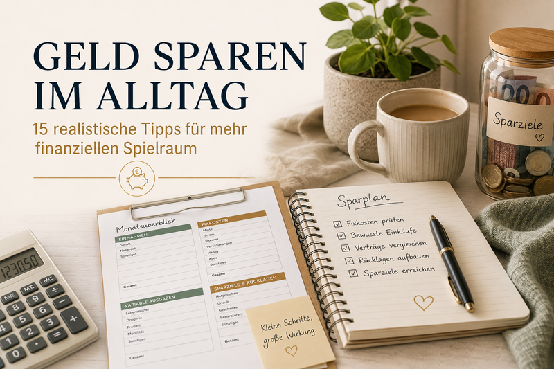Geld sparen im Alltag mit Sparglas, Budgetplan, Taschenrechner und Notizbuch für Fixkosten, Rücklagen und Sparziele.
