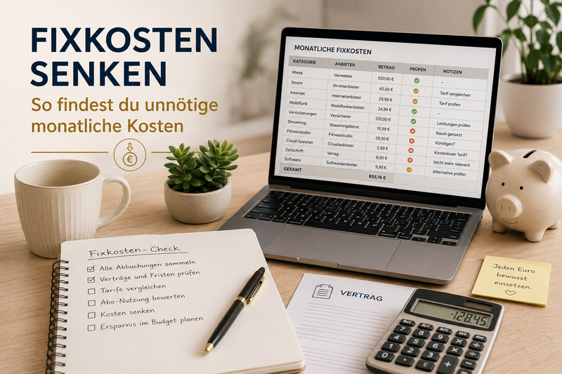 Fixkosten senken mit Monatsübersicht, Vertragscheck, Taschenrechner und Checkliste für Abos, Tarife und regelmäßige Kosten