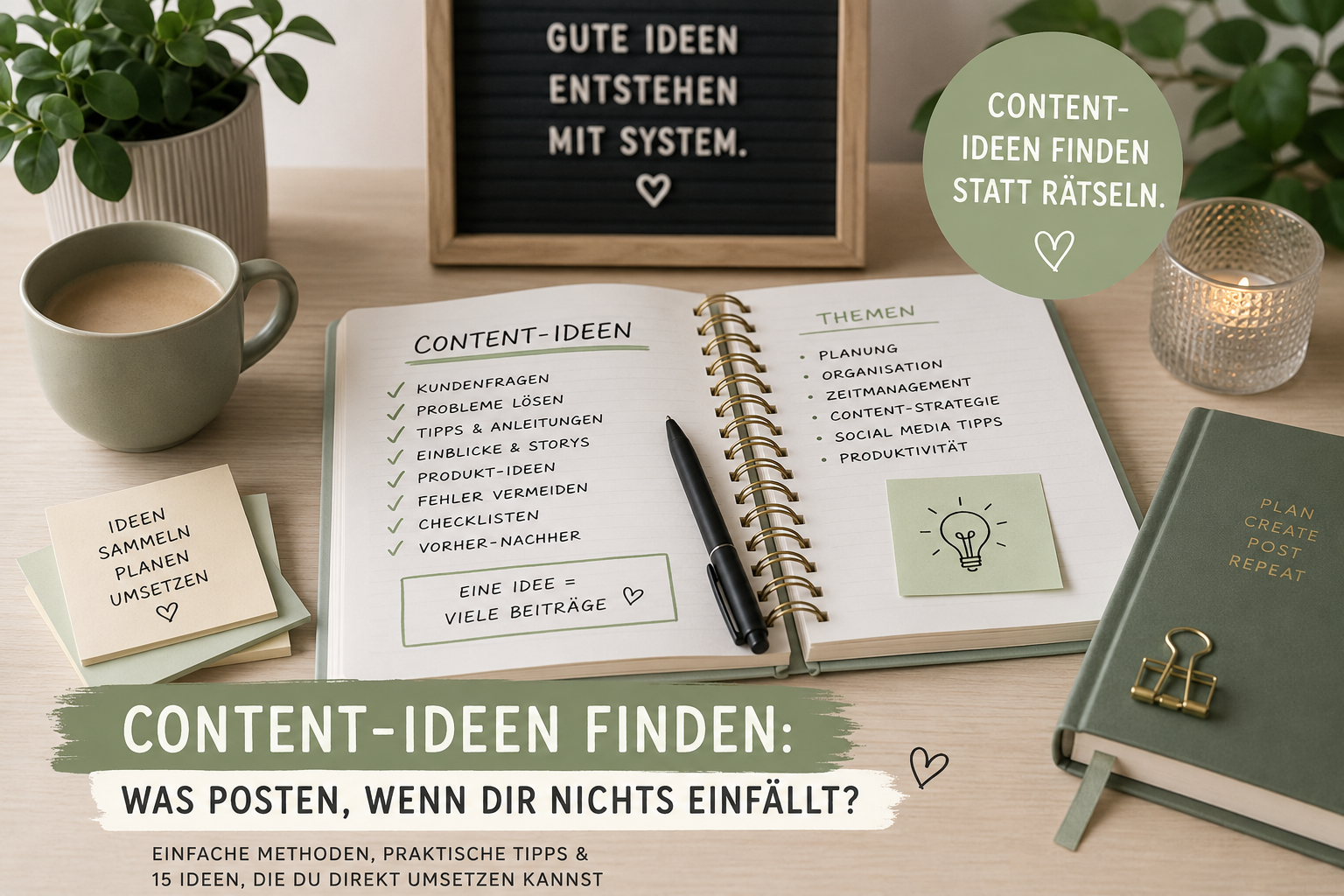 Schreibtisch mit geöffnetem Content-Planer, Notizen und Social-Media-Ideen zum Thema Content-Ideen finden