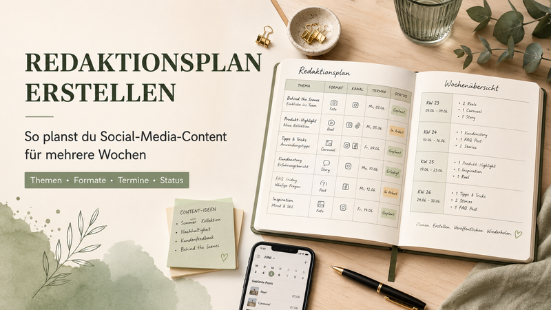 Geöffneter Social-Media-Redaktionsplan mit Wochenübersicht, Content-Themen, Veröffentlichungsdaten und Bearbeitungsstatus