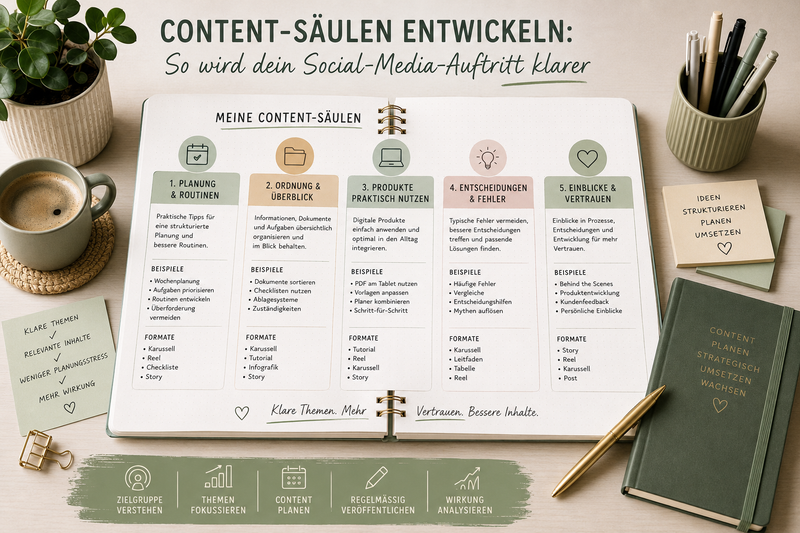 Geöffneter Content-Strategie-Planer mit fünf übersichtlich dargestellten Content-Säulen für einen klaren Social-Media-Auftritt