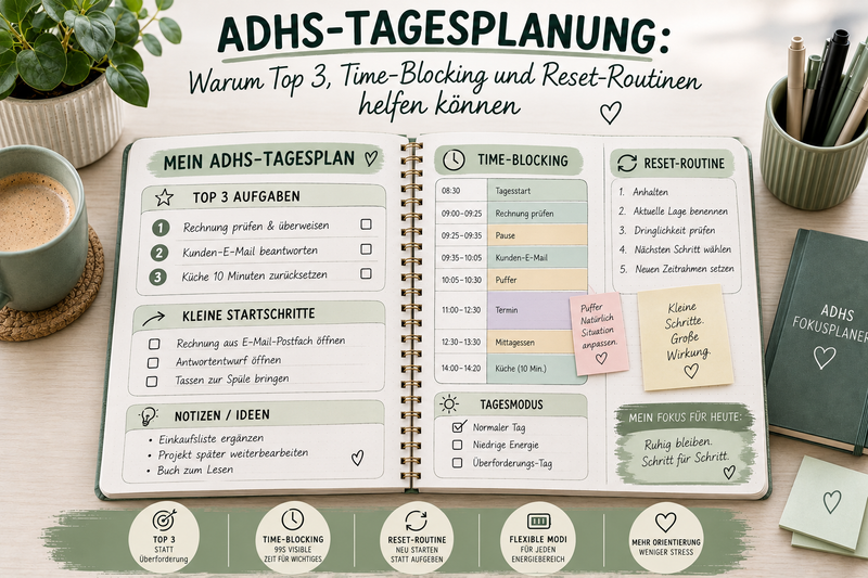 Tagesplanung bei ADHS: Warum Top 3, Time-Blocking und Reset-Routinen helfen können