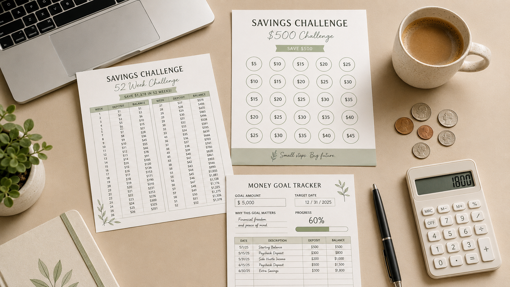 Printable savings challenge and money goal tracker for simple saving habits