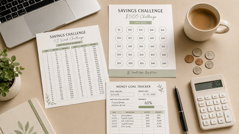 Printable savings challenge and money goal tracker for simple saving habits