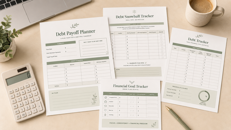 Printable debt payoff planner and financial planning tracker for money organization