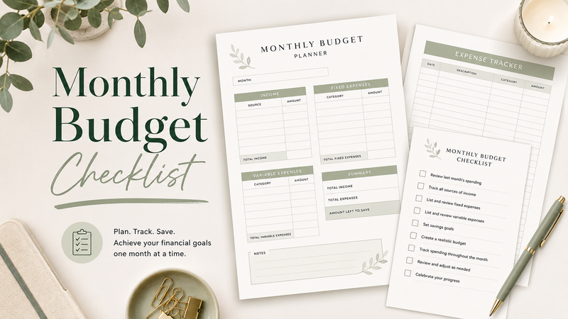 Printable monthly budget checklist with expense tracker pages, savings goal section and organized finance planner layout on a clean neutral desk.