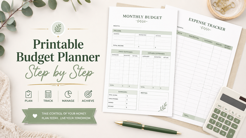 Printable budget planner pages with monthly budget sheet, expense tracker, pen and neutral finance desk setup.