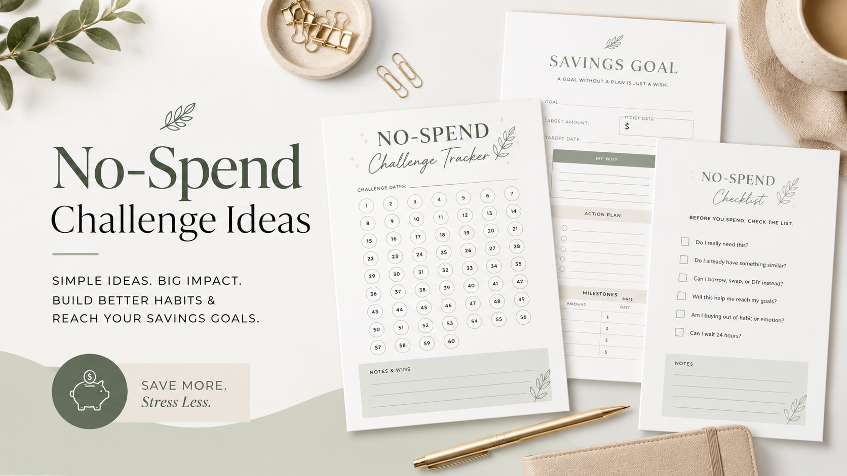 Printable no-spend challenge tracker with savings goal sheet, monthly planner pages, pen and neutral finance flat lay setup.