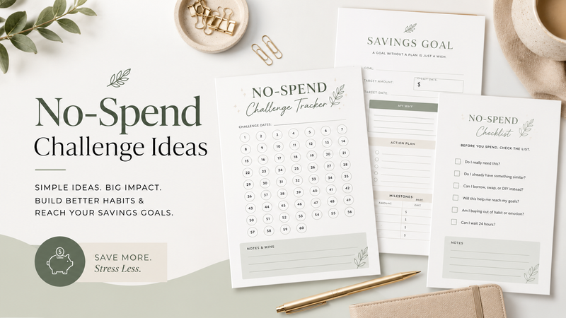Printable no-spend challenge tracker with savings goal sheet, monthly planner pages, pen and neutral finance flat lay setup.