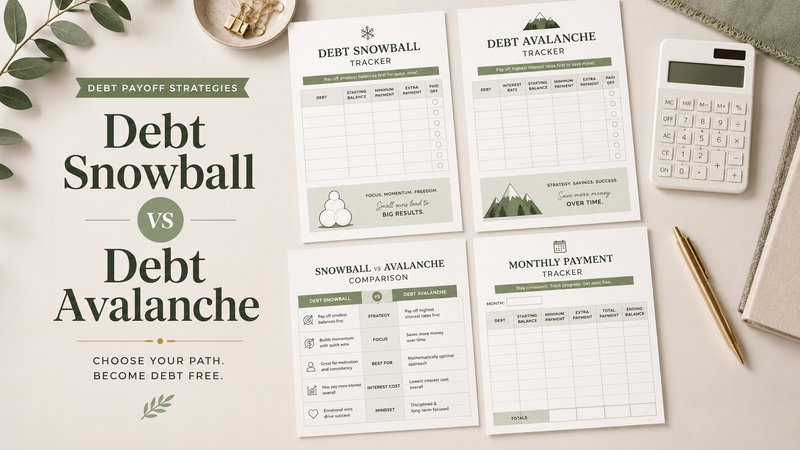 Printable debt payoff planner with debt snowball and debt avalanche comparison pages, monthly budget sheet and neutral finance desk setup.