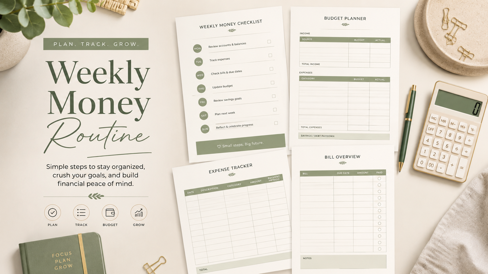 Printable weekly money routine checklist with budget planner pages, expense tracker, bill overview and neutral finance desk setup.