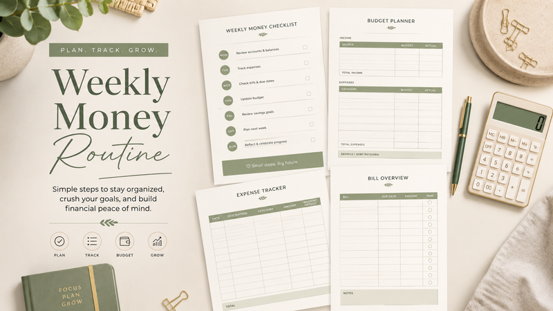 Printable weekly money routine checklist with budget planner pages, expense tracker, bill overview and neutral finance desk setup.