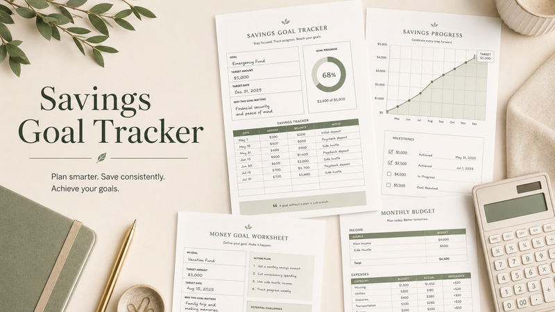 Printable savings goal tracker with money goal worksheet, progress chart, budget planner pages, pen and neutral finance flat lay setup.