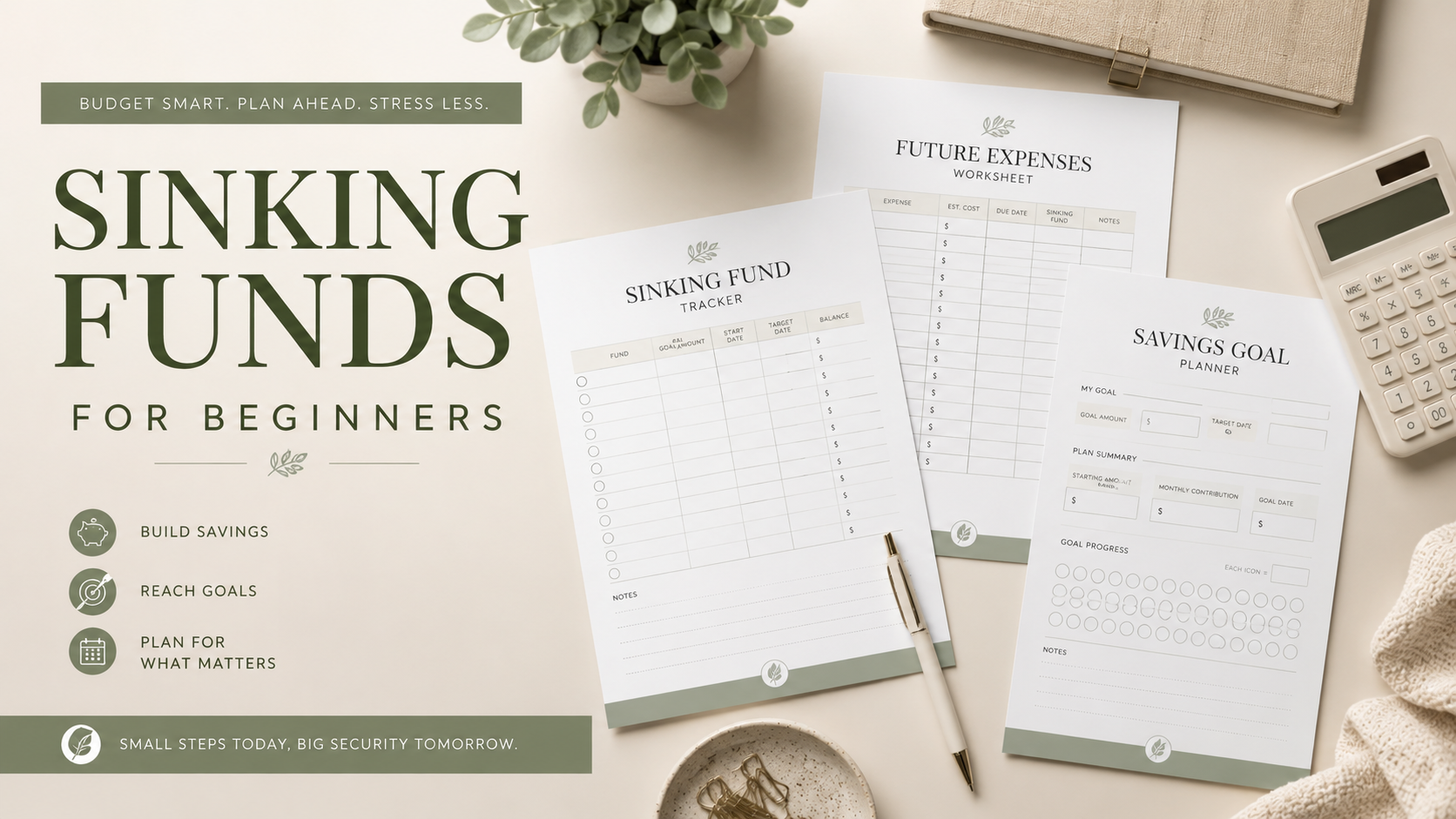 Printable sinking fund tracker with future expenses worksheet, savings goal planner, budget pages, pen and neutral finance desk setup.