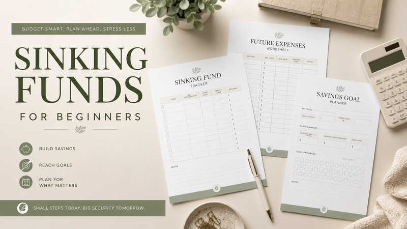 Printable sinking fund tracker with future expenses worksheet, savings goal planner, budget pages, pen and neutral finance desk setup.