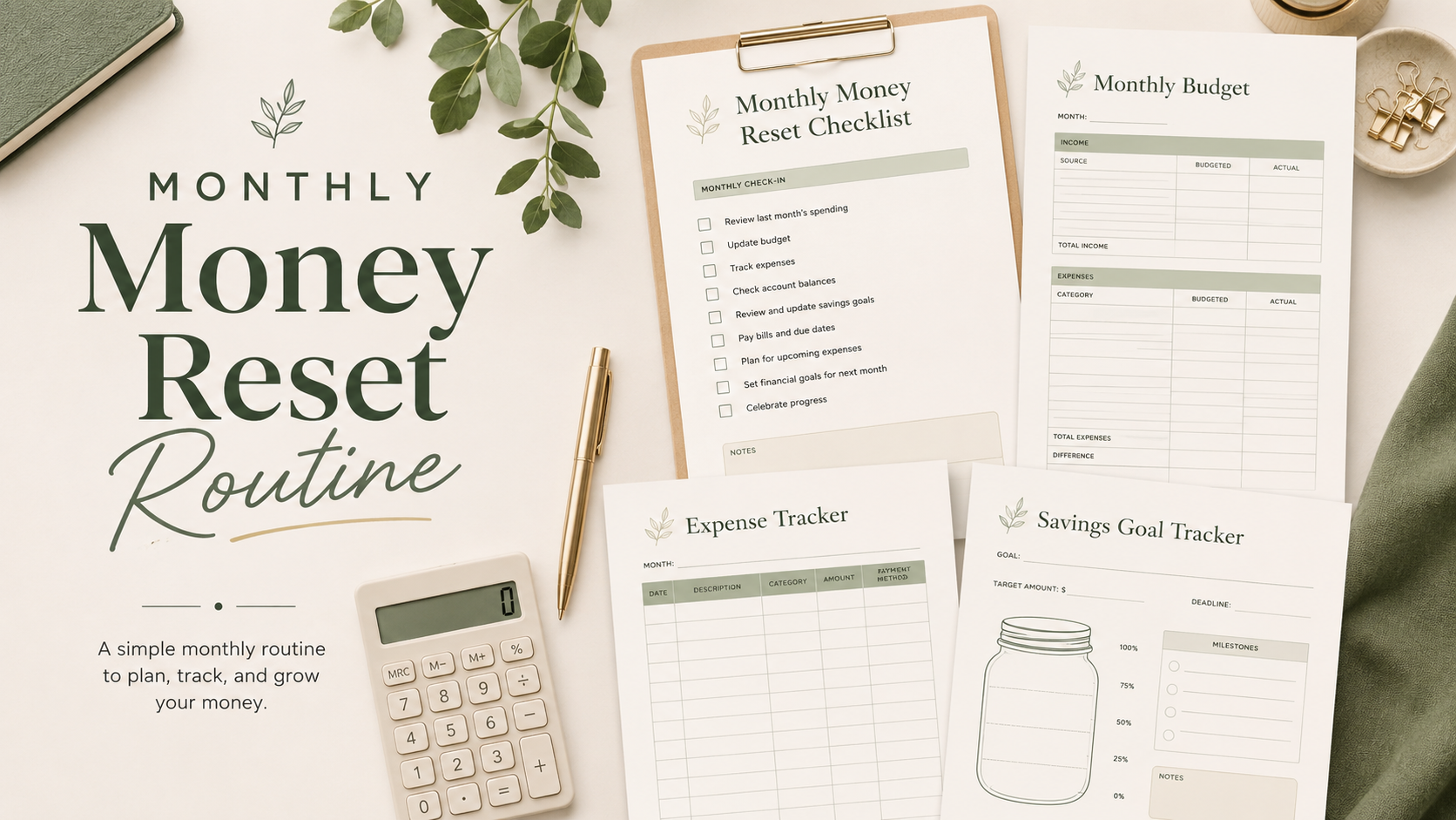 Printable monthly money reset checklist with budget planner pages, expense tracker, savings goal tracker and neutral finance desk setup.