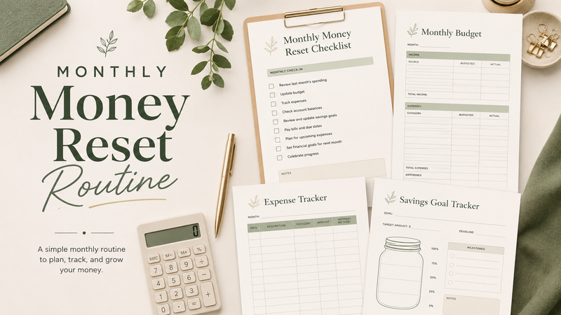 Printable monthly money reset checklist with budget planner pages, expense tracker, savings goal tracker and neutral finance desk setup.
