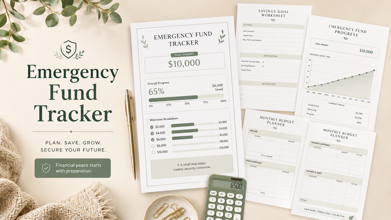 Printable emergency fund tracker with savings goal worksheet, monthly budget planner pages, progress chart, pen and neutral finance desk setup.