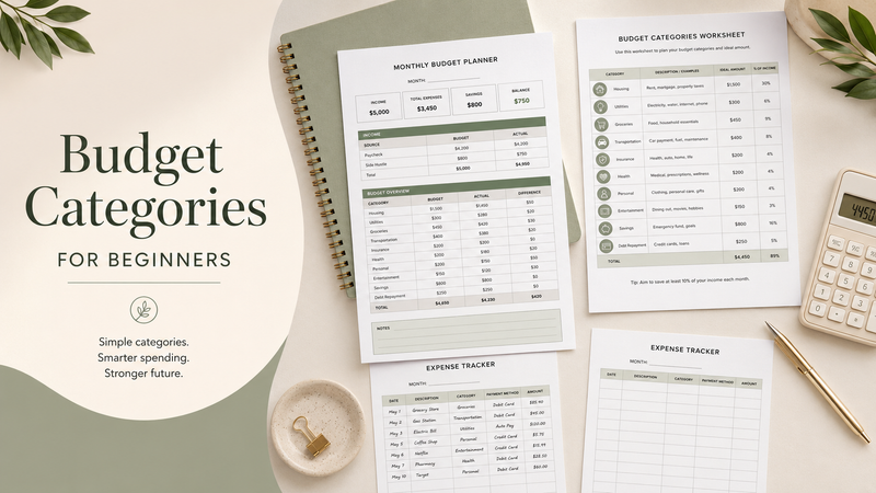Printable monthly budget planner with budget categories worksheet, expense tracker, spending categories and neutral finance desk setup.