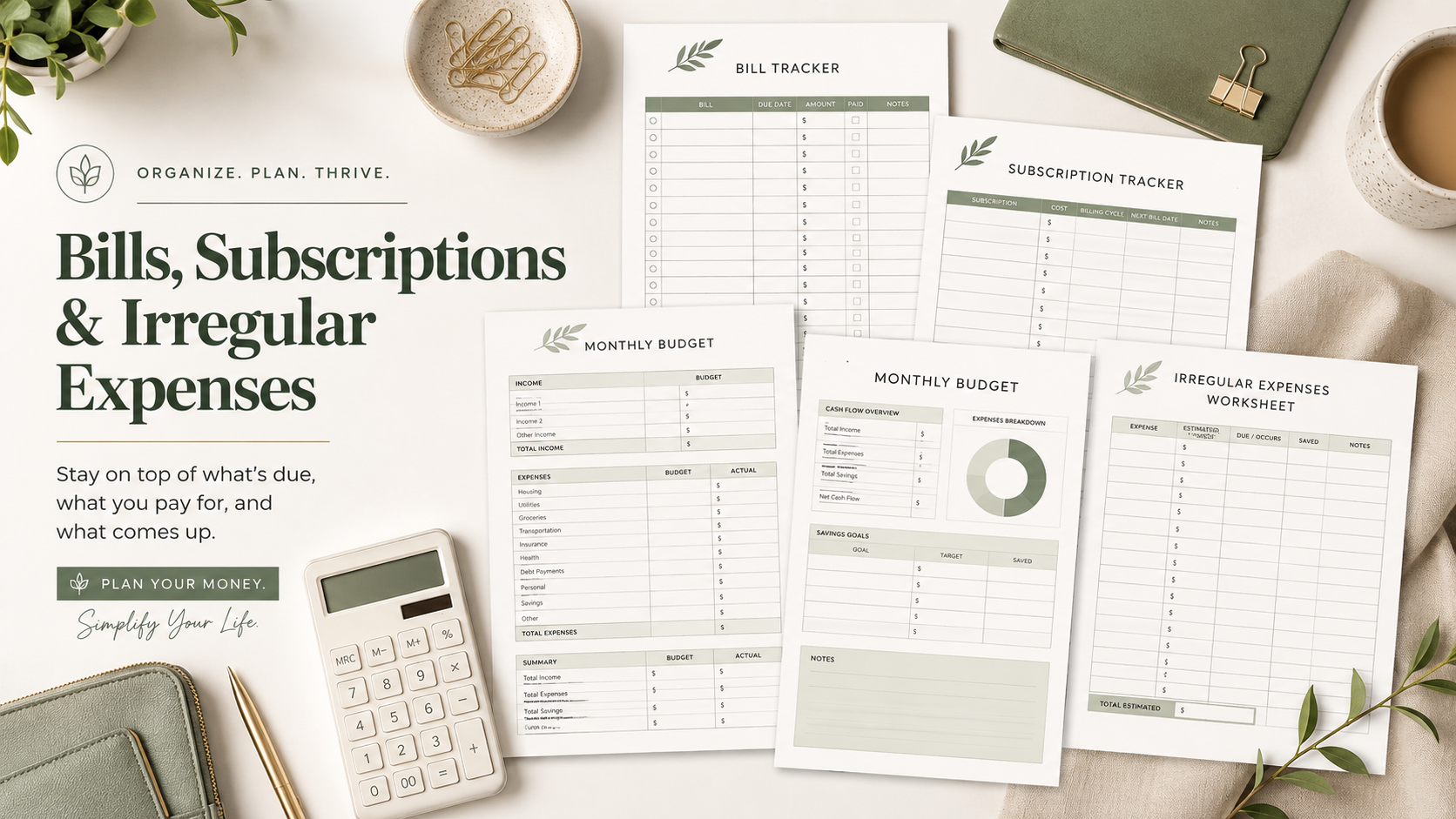 Printable bill tracker and subscription tracker with monthly budget planner pages, irregular expenses worksheet, pen and neutral finance desk setup.
