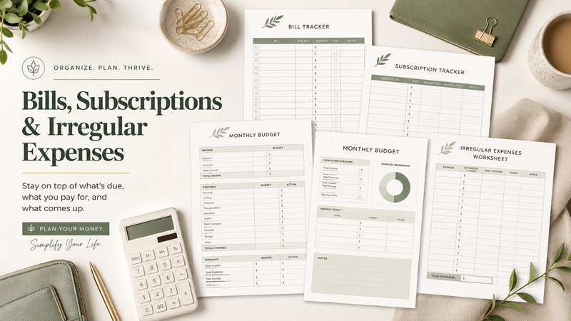 Printable bill tracker and subscription tracker with monthly budget planner pages, irregular expenses worksheet, pen and neutral finance desk setup.