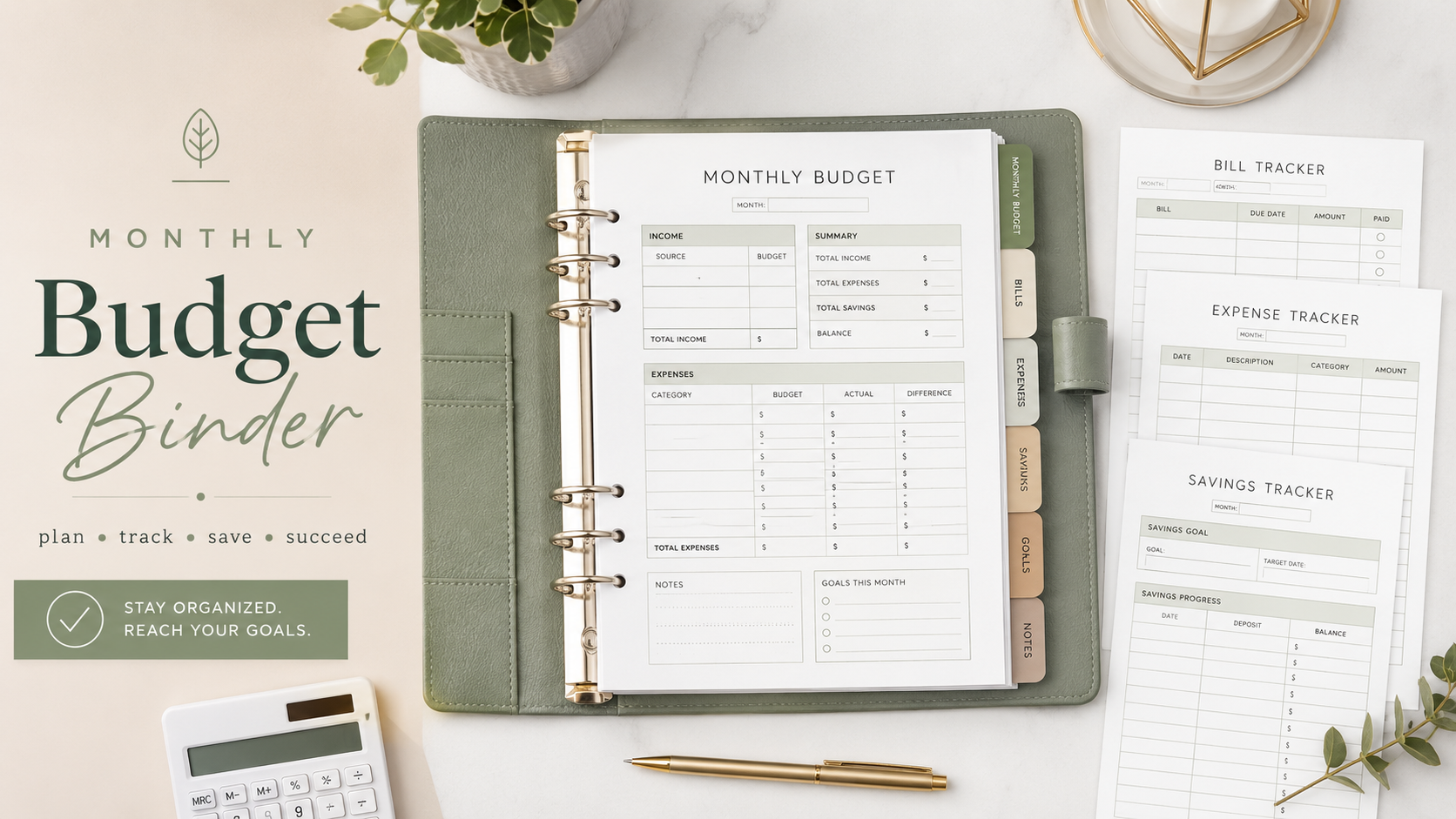 Monthly budget binder with printable finance pages, expense tracker, bill planner, savings tracker and debt payoff worksheets on a neutral desk.