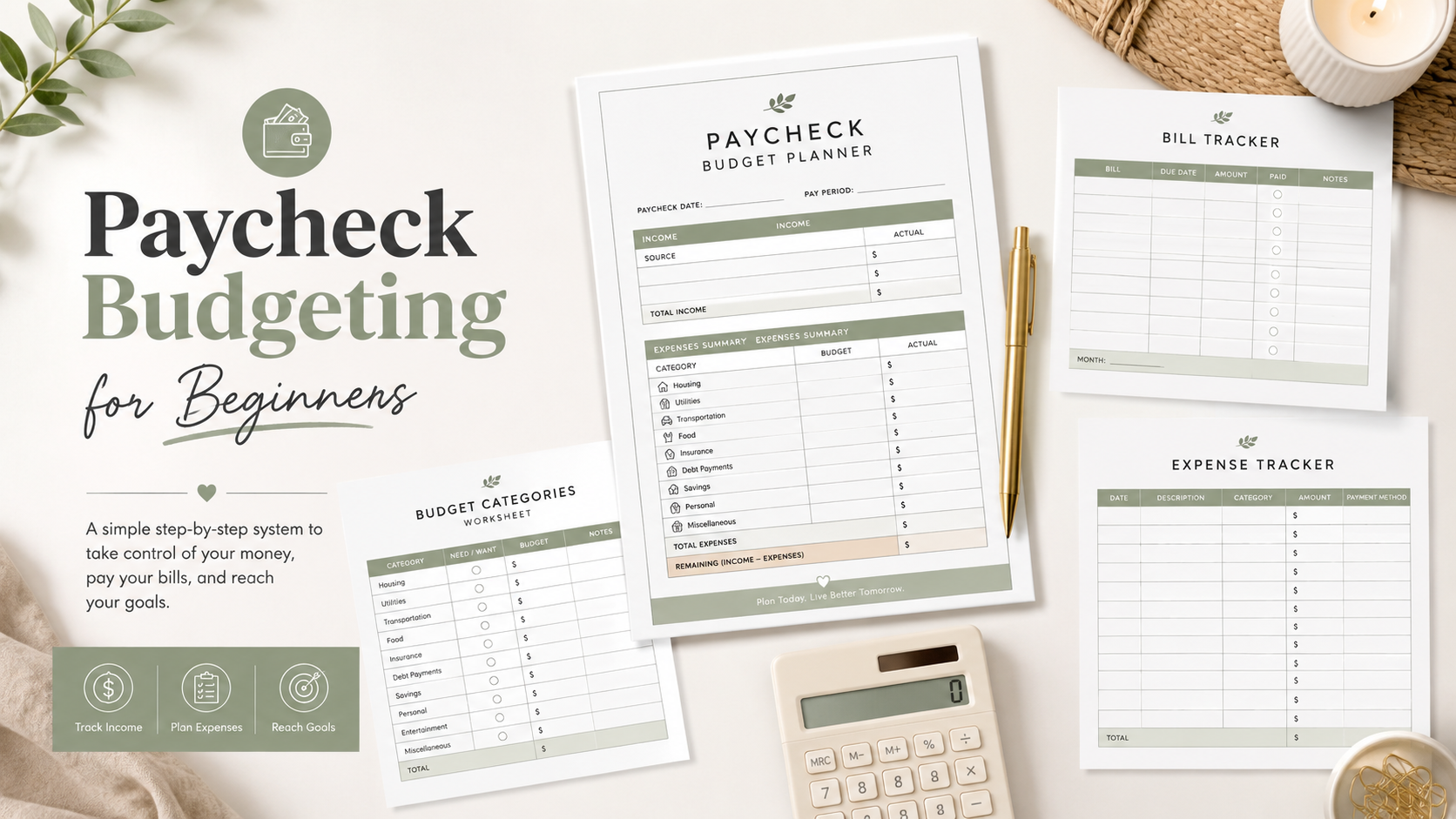 Printable paycheck budget planner with bill tracker, budget categories, expense tracker, pen and neutral finance desk setup.