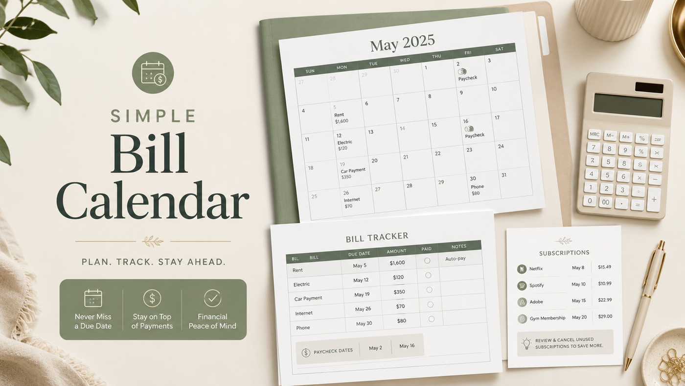 Printable bill calendar with monthly budget planner pages, bill tracker, due dates, subscriptions and neutral finance desk setup.