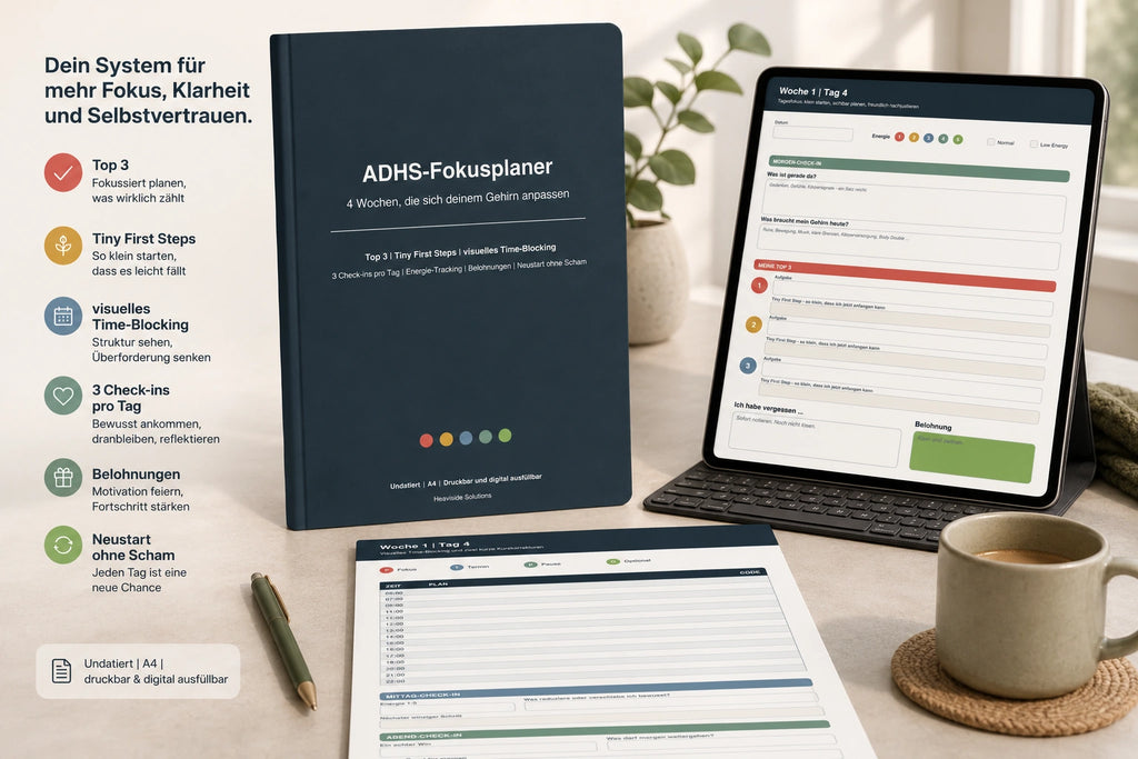 ADHS-Fokusplaner für Erwachsene mit Top 3, Tiny First Steps, Time-Blocking und Tages-Check-ins