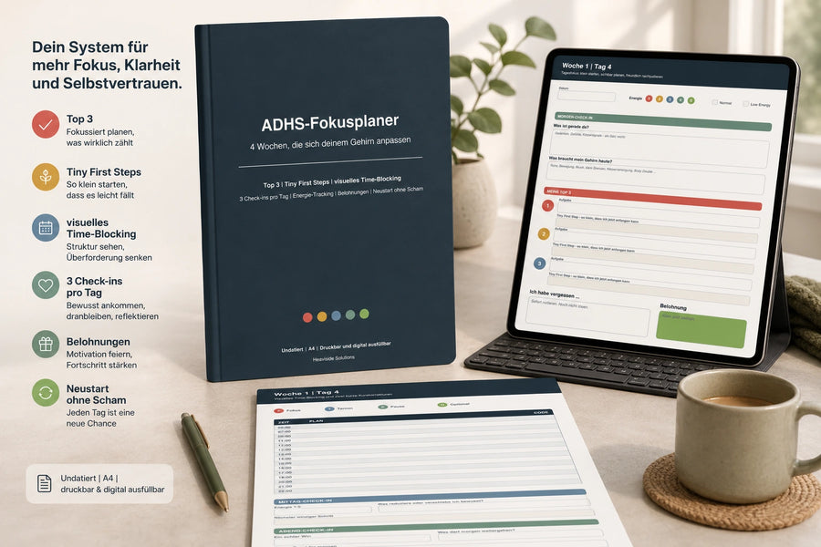 ADHS-Fokusplaner für Erwachsene mit Top 3, Tiny First Steps, Time-Blocking und Tages-Check-ins