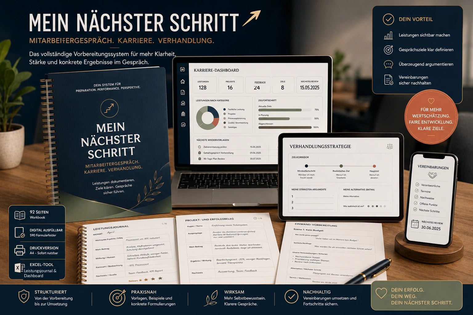 Mein nächster Schritt – Vorbereitungssystem für Mitarbeitergespräch und Gehaltsverhandlung mit PDF und Excel-Dashboard