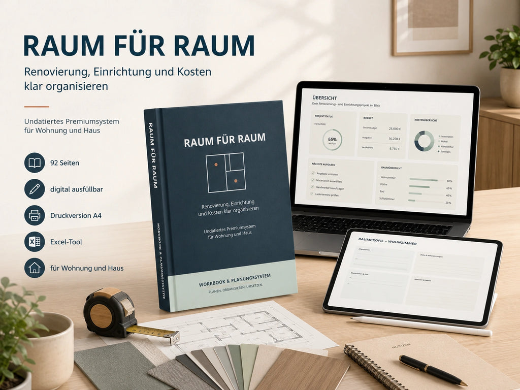 Raum für Raum Renovierungs- und Einrichtungsplaner mit ausfüllbarer PDF und Excel-Dashboard
