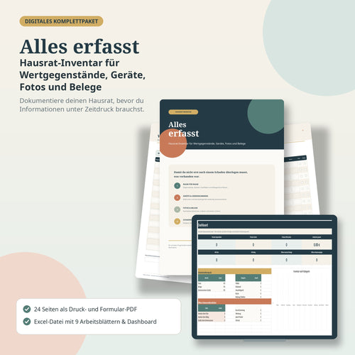 Hausrat-Inventar „Alles erfasst“ als 24-seitige PDF mit Excel-Dashboard für Geräte, Wertsachen, Fotos und Belege