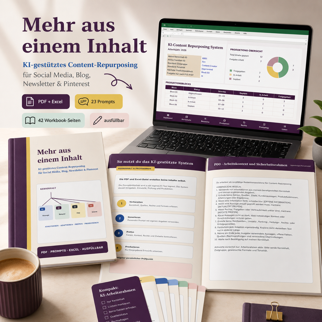 Mehr aus einem Inhalt als Haupt-Mockup mit Workbook, Excel-System, Promptmodulen und Kompaktkarten für KI-gestütztes Content-Repurposing