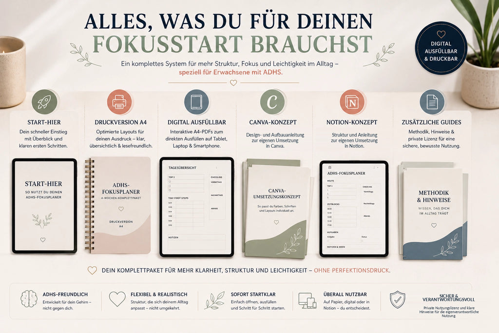 ADHS-Fokusplaner Komplettpaket mit Druckversion, ausfüllbarer PDF sowie Canva- und Notion-Umsetzungskonzept