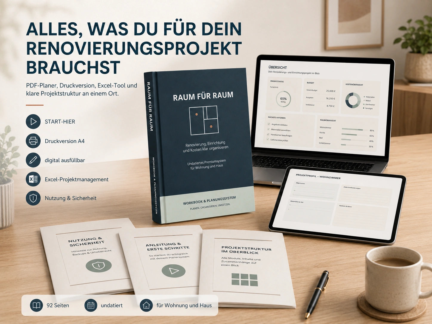 Raum für Raum Komplettpaket mit Startanleitung, Druckversion, ausfüllbarer PDF, Excel-Projektmanagement und Sicherheitshinweisen