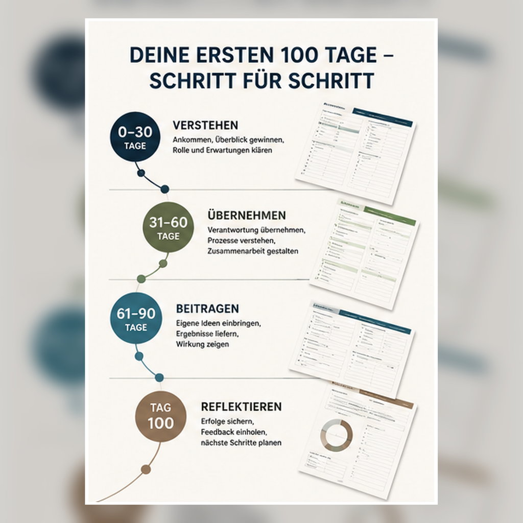 100-Tage-Roadmap für den neuen Job mit den Phasen Verstehen, Übernehmen, Beitragen und Reflektieren
